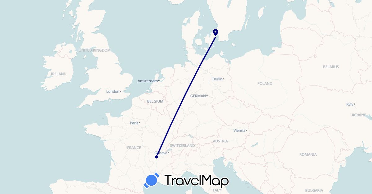 TravelMap itinerary: driving in Denmark, France (Europe)